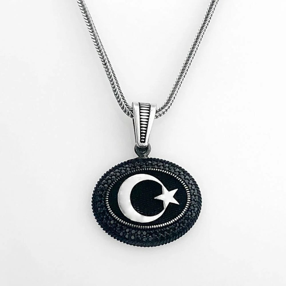 925 Ayar Gümüş Siyah Taşlı Ayyıldız Erkek Kolye - 2