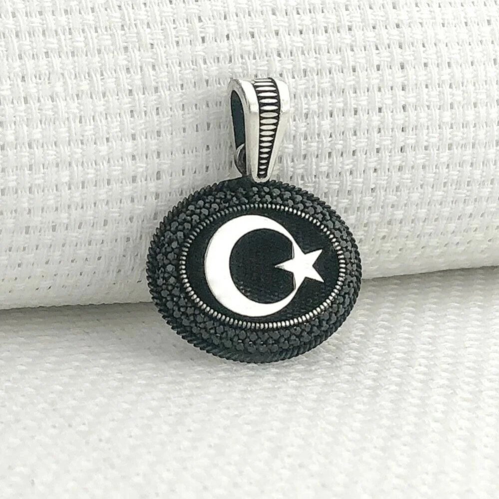 925 Ayar Gümüş Siyah Taşlı Ayyıldız Motifli Kolye Ucu