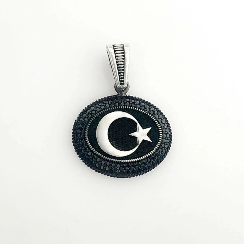 925 Ayar Gümüş Siyah Taşlı Ayyıldız Motifli Kolye Ucu - 2