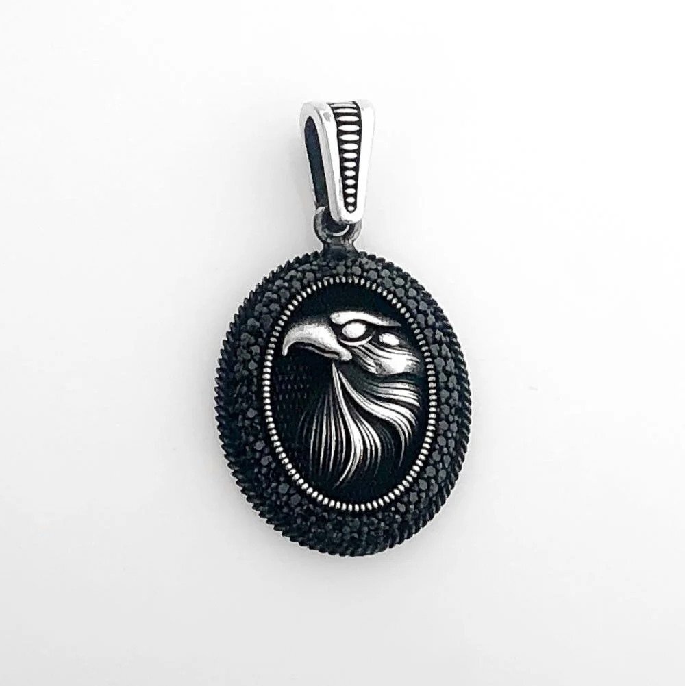 925 Ayar Gümüş Siyah Taşlı Kartal Motifli Kolye Ucu - 2