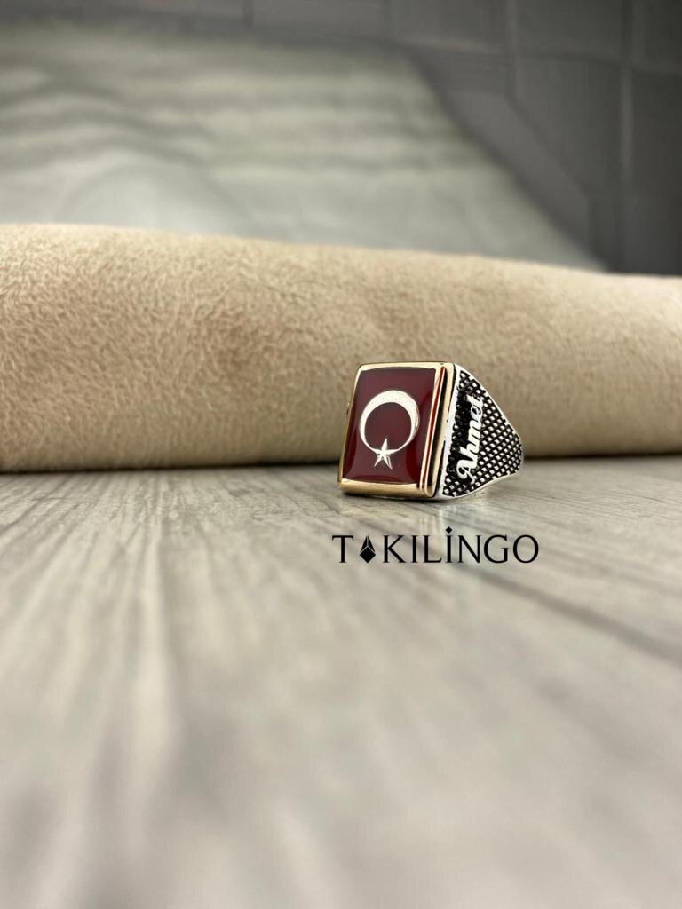 925 Ayar Gümüş Teşkilat Dizi Yüzüğü Kişiye Özel Ay Yıldız Detaylı Erkek Yüzük - 3