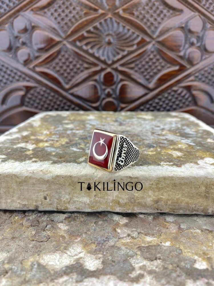 925 Ayar Gümüş Teşkilat Dizi Yüzüğü Kişiye Özel Ay Yıldız Detaylı Erkek Yüzük - 6