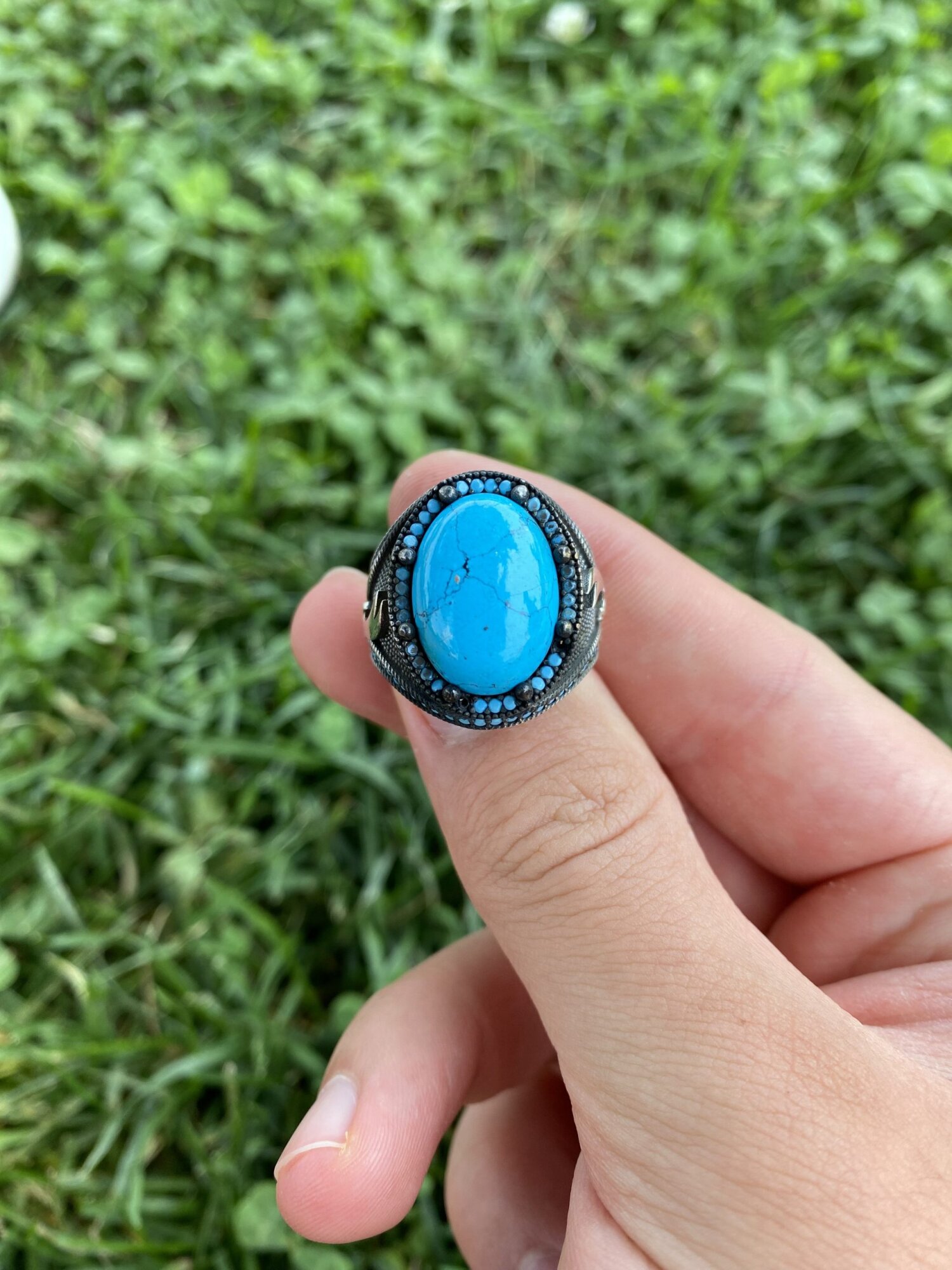 925 Ayar Gümüş Turkuaz Firuze Taşlı Kılıc Motifli Erkek Yüzük - 3