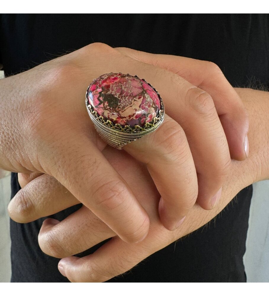 925 Ayar Gümüş Varasit Taşlı Pembe Zirkon İşlemeli Usta İşi Erkek Yüzük - 3