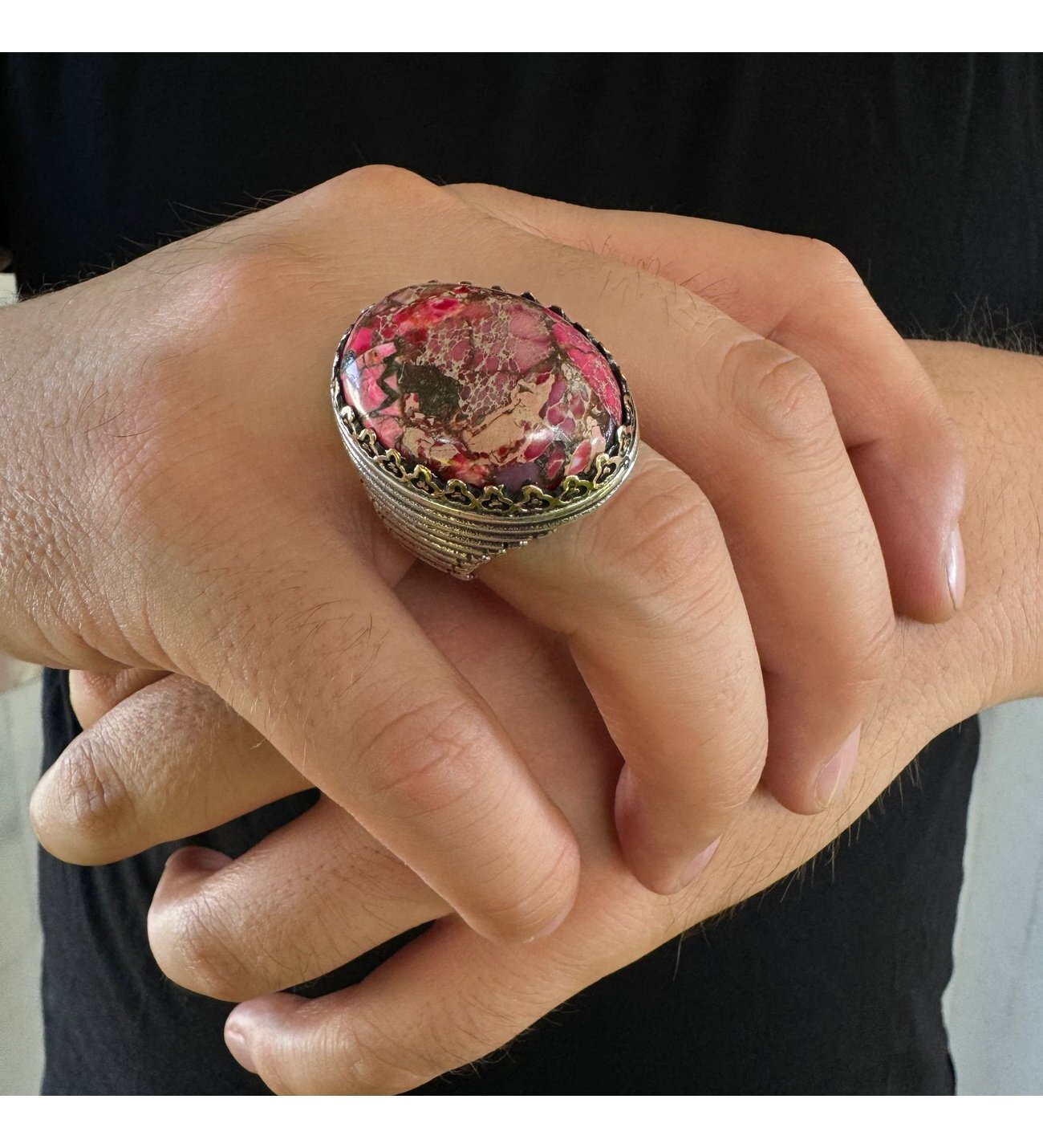 925 Ayar Gümüş Varasit Taşlı Pembe Zirkon İşlemeli Usta İşi Erkek Yüzük - 3