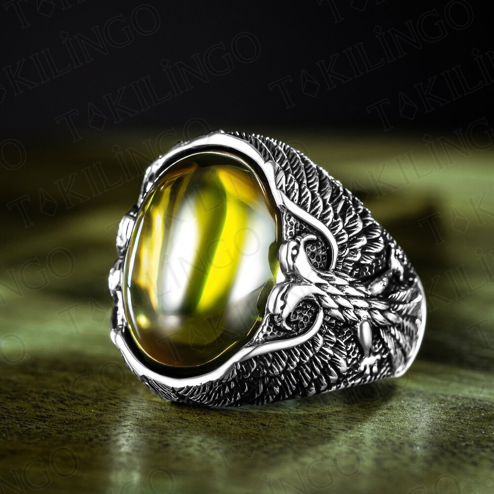 925 Ayar Gümüş Yeşil Olivin Peridot Taşlı Kartal Motifli Erkek Yüzük