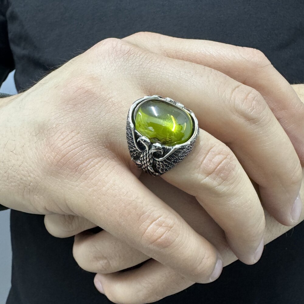 925 Ayar Gümüş Yeşil Olivin Peridot Taşlı Kartal Motifli Erkek Yüzük - 3