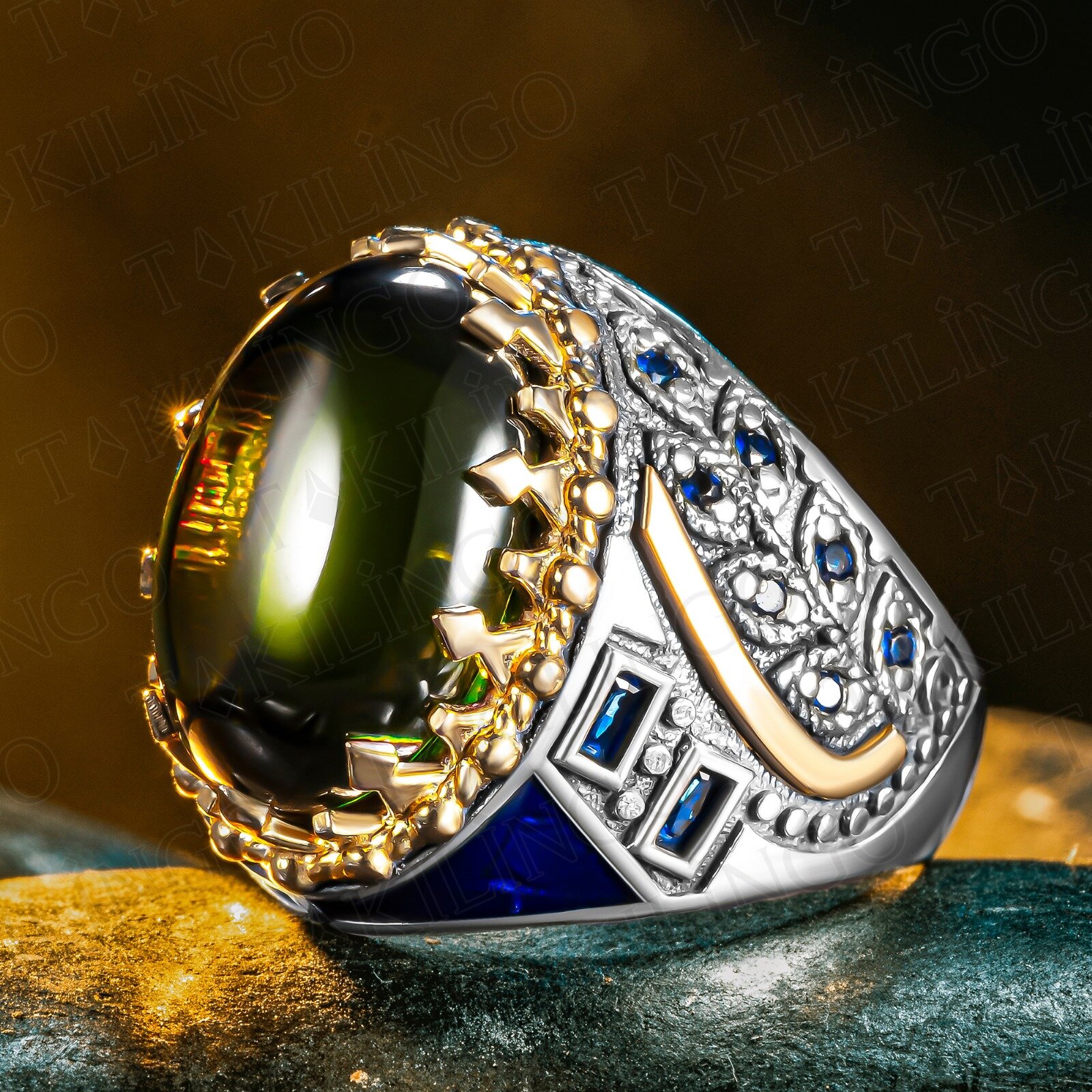 925 Ayar Gümüş Yeşil Olivin Peridot Taşlı Zirkon Taş Detaylı Erkek Yüzük - 1