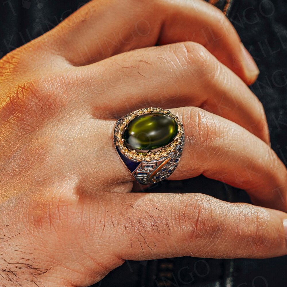 925 Ayar Gümüş Yeşil Olivin Peridot Taşlı Zirkon Taş Detaylı Erkek Yüzük - 3