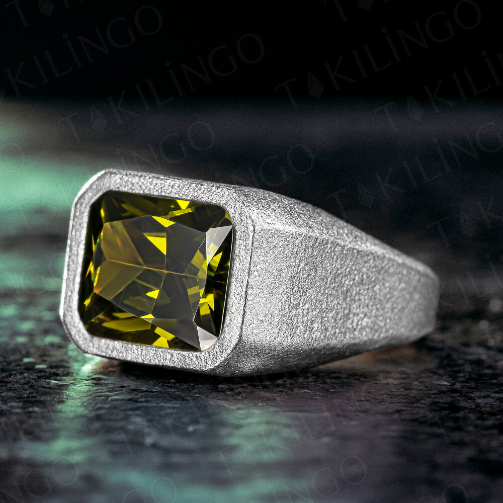 925 Ayar Gümüş Yeşil Peridot Olivin Taşlı Sade Erkek Yüzük