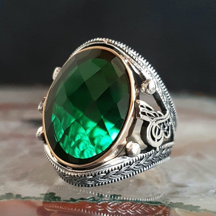 925 Ayar Gümüş Yeşil Zirkon Taşlı Tuğralı Erkek Yüzük - 7
