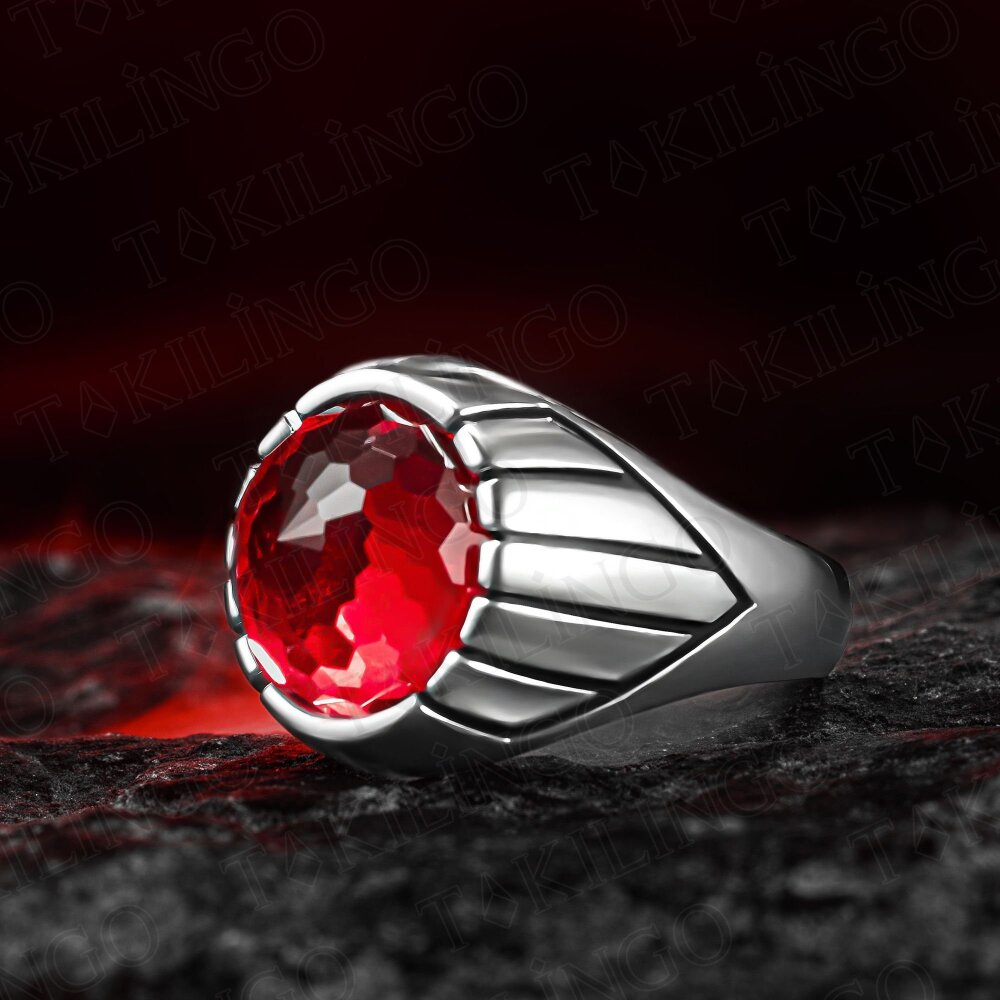 925 Ayar Gümüş Yuvarlak Kırmızı Zirkon Taşlı Sade Erkek Yüzük