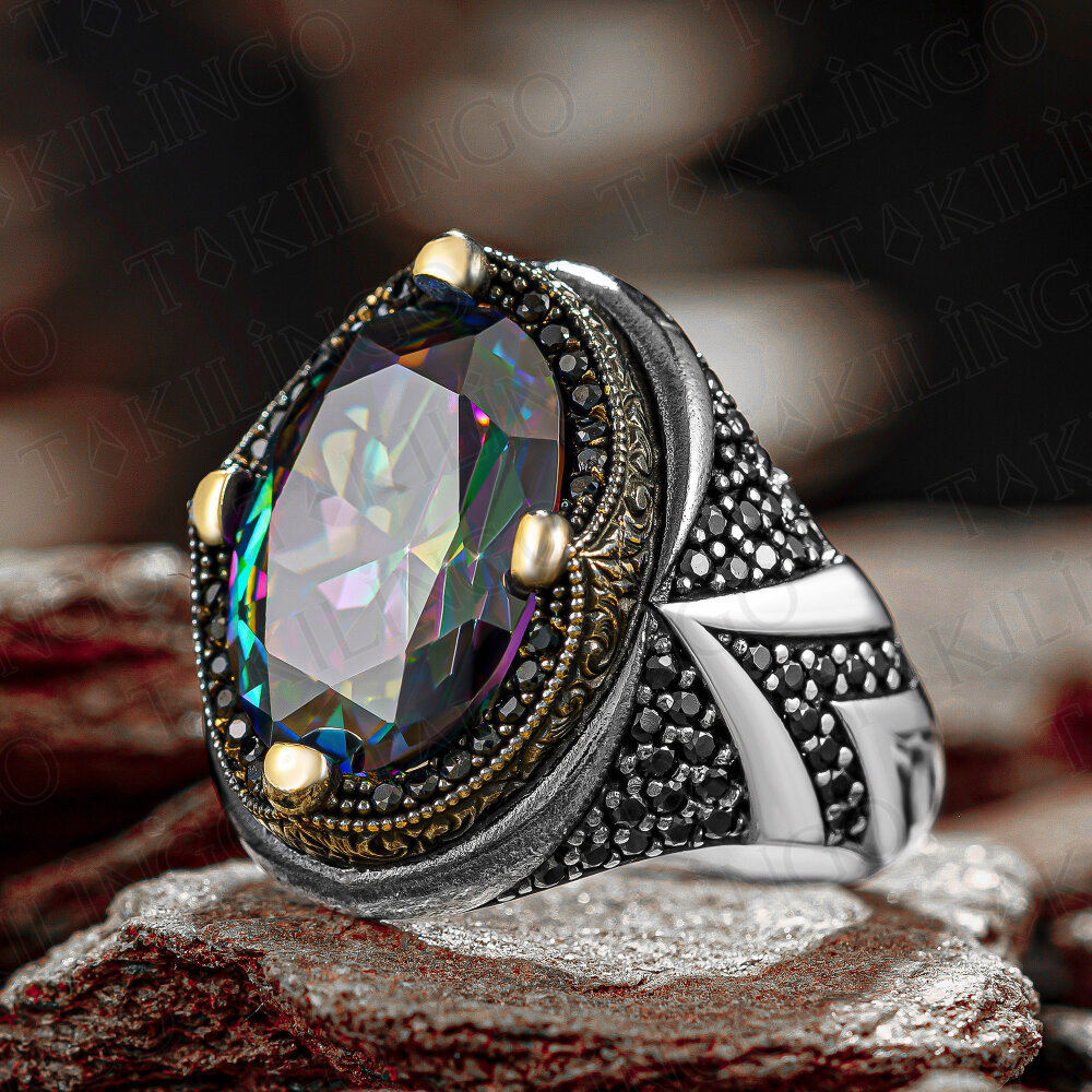 925 Ayar Gümüş Zirkon Detaylı Mistik Topaz Taşlı Erkek Yüzük