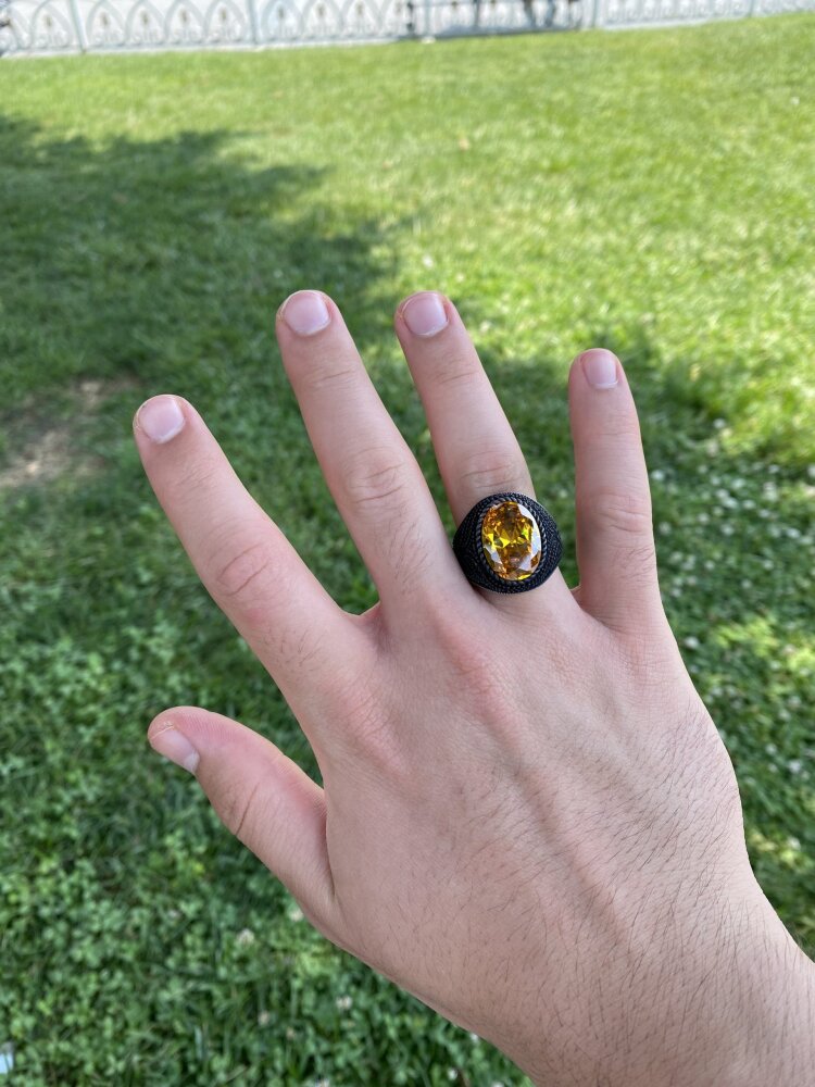 925 Ayar Gümüş Zirkon Detayli Oval Sitrin Taşlı Erkek Yüzük - 5