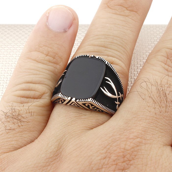 925 Ayar Gümüş Zülfikar Model Düz Siyah Oniks Taşlı Erkek Yüzük - 3