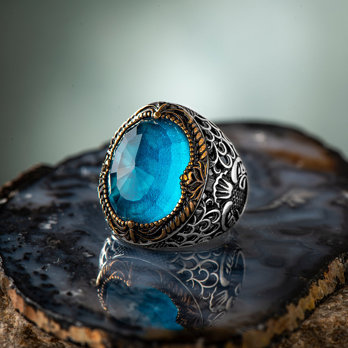Alem-i Feza Aqua Blue Taşlı Vav İşlemeli Gümüş Erkek Yüzük - 1
