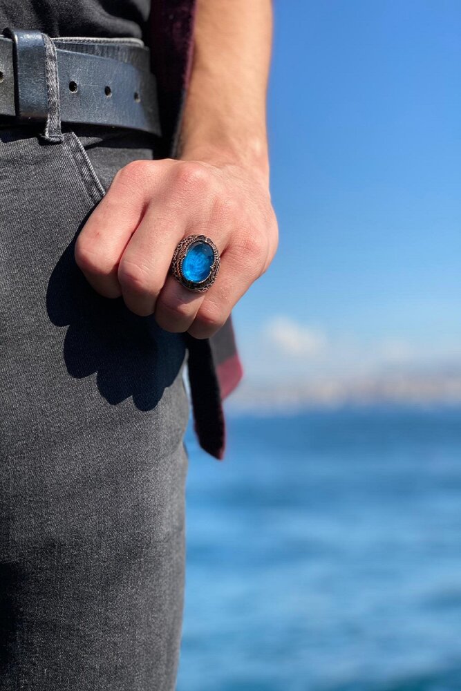 Alem-i Feza Aqua Blue Taşlı Vav İşlemeli Gümüş Erkek Yüzük - 3