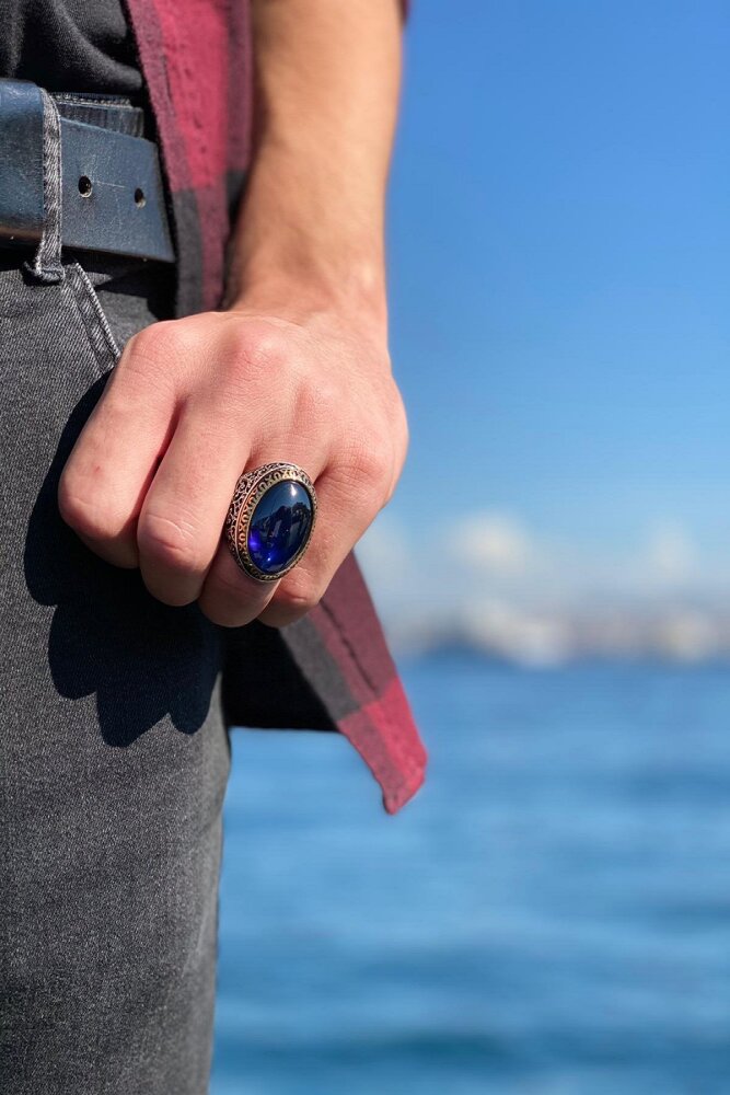 Leyl ü Nehâr Telkari İşlemeli Büyük Mavi Blue Taşlı Gümüş Erkek Yüzük - 4