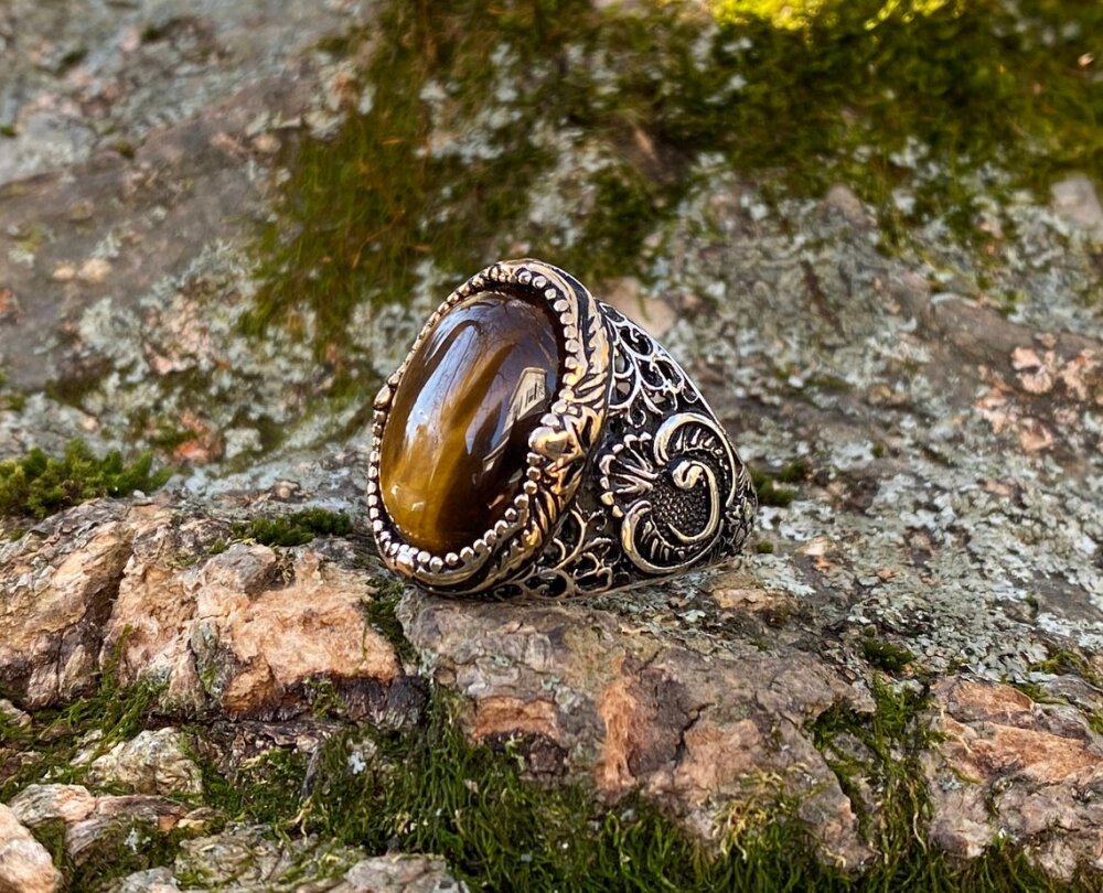 Oval Kahverengi Kaplangözü Taşlı Vav Desenli Gümüş Erkek Yüzük - 3