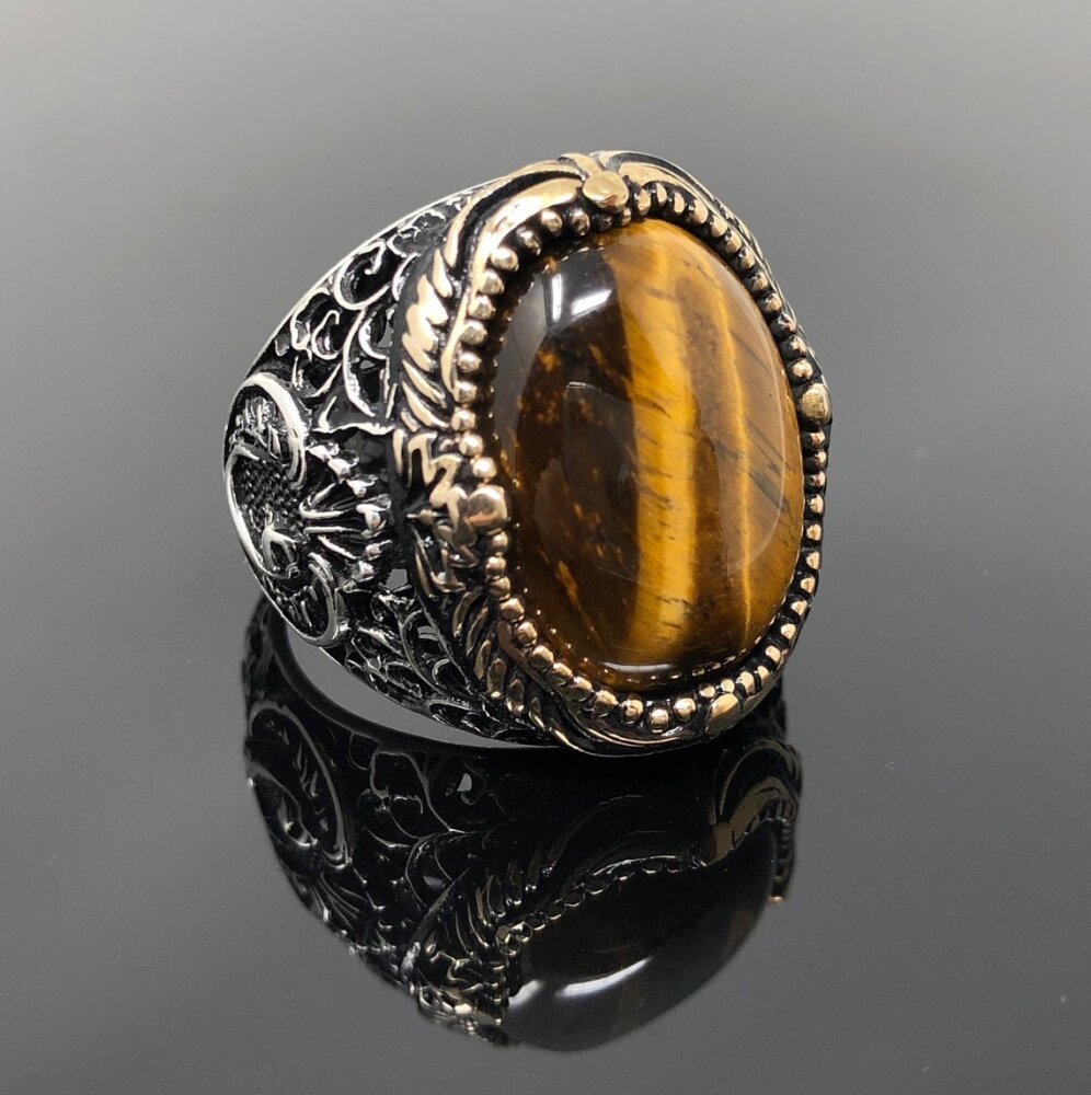 Oval Kahverengi Kaplangözü Taşlı Vav Desenli Gümüş Erkek Yüzük - 4
