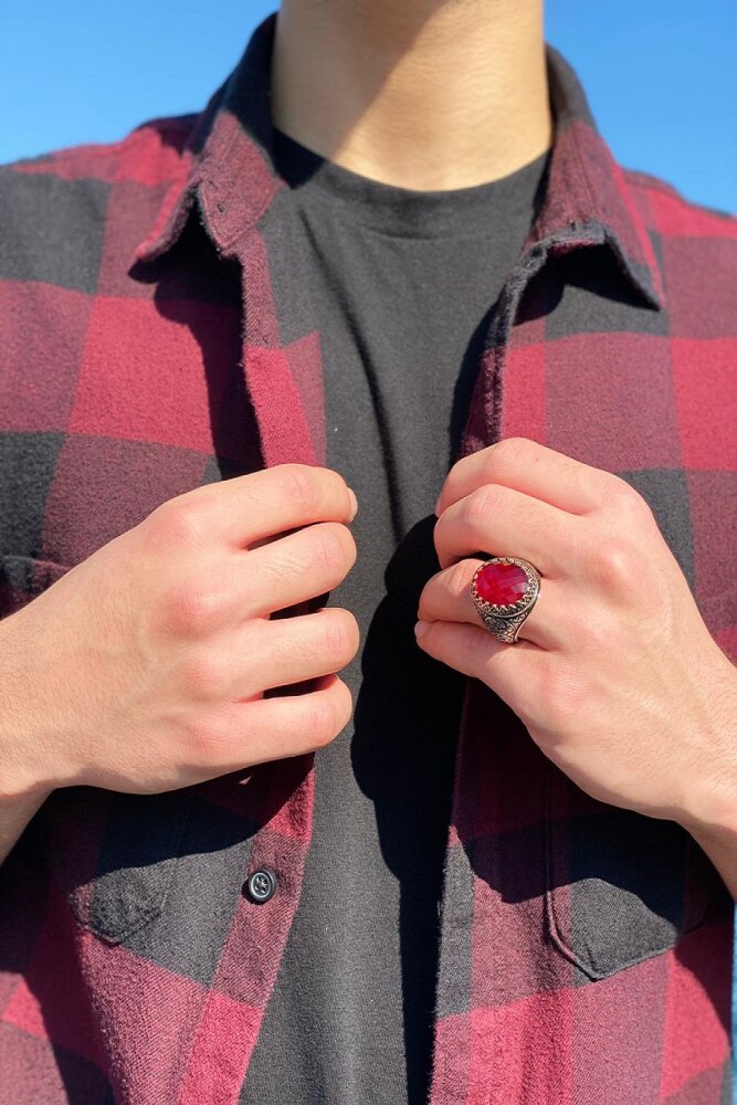 Oval Model Kırmızı Fasetli Zirkon Taşlı Gümüş Erkek Yüzük - 4