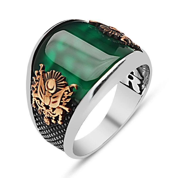 Oval Yeşil Akik Taşlı Osmanlı Arma Detaylı Gümüş Erkek Yüzük
