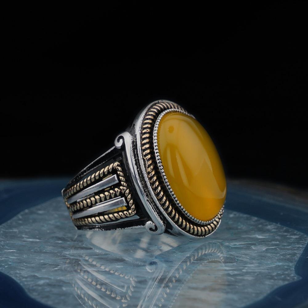 Sarı Akik Taşlı Oval Model Gümüş Erkek Yüzük - 2
