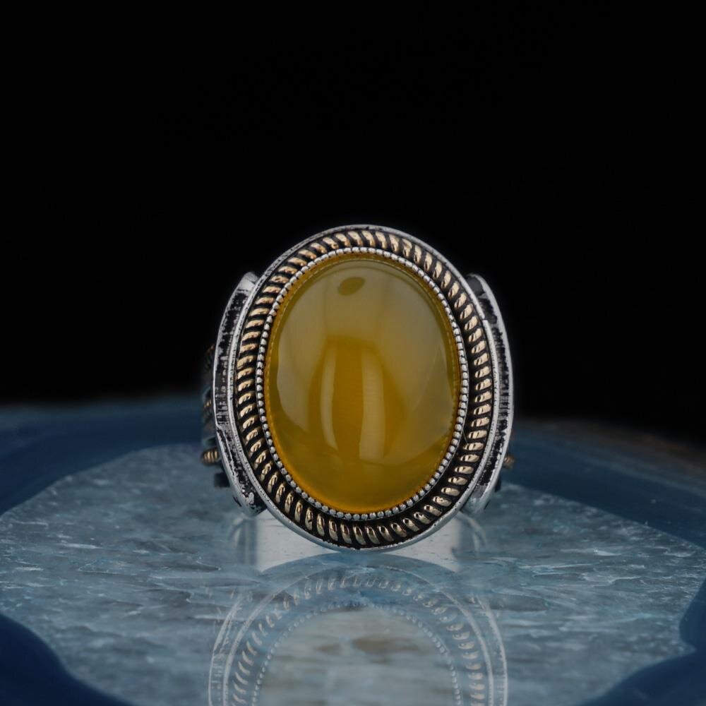 Sarı Akik Taşlı Oval Model Gümüş Erkek Yüzük - 3