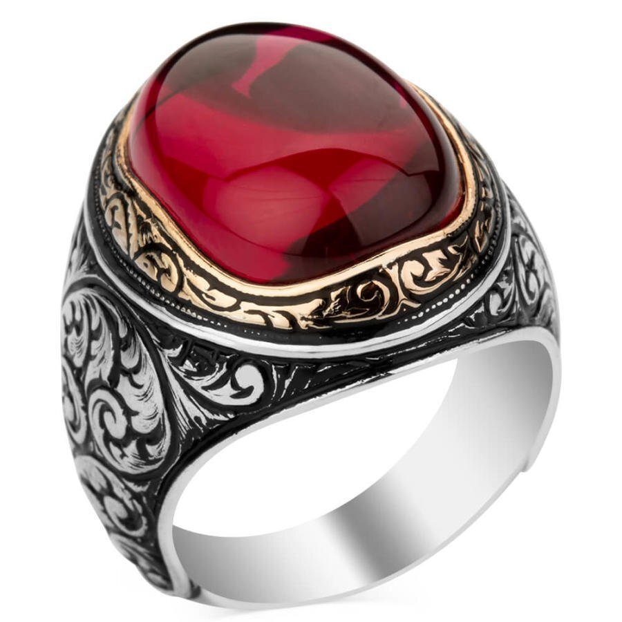 Usta İşi Kalem İşlemeli Oval Yakut (Ruby) Taşlı Gümüş Erkek Yüzük