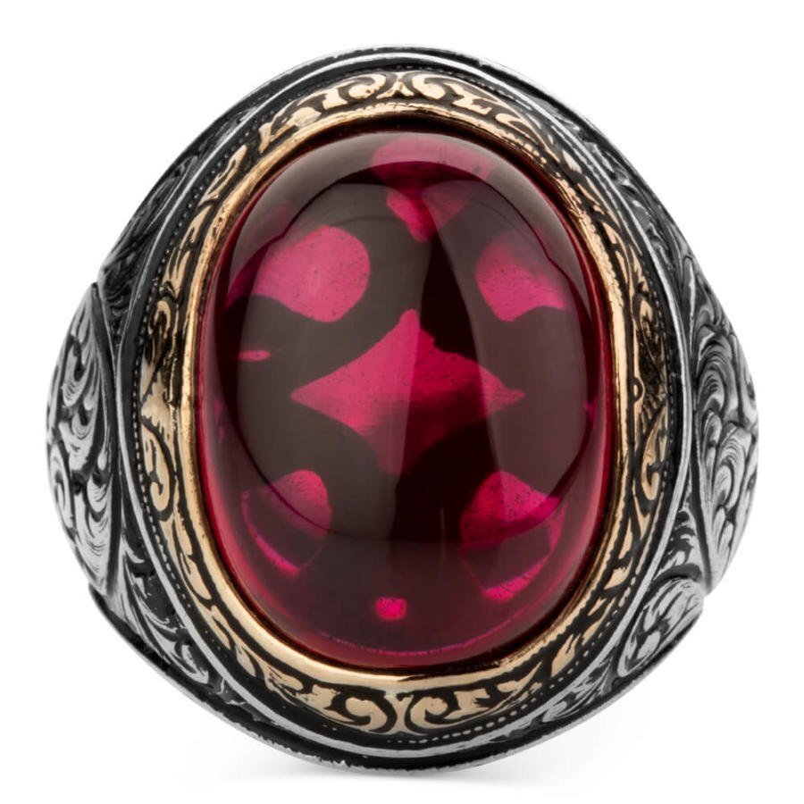 Usta İşi Kalem İşlemeli Oval Yakut (Ruby) Taşlı Gümüş Erkek Yüzük - 2