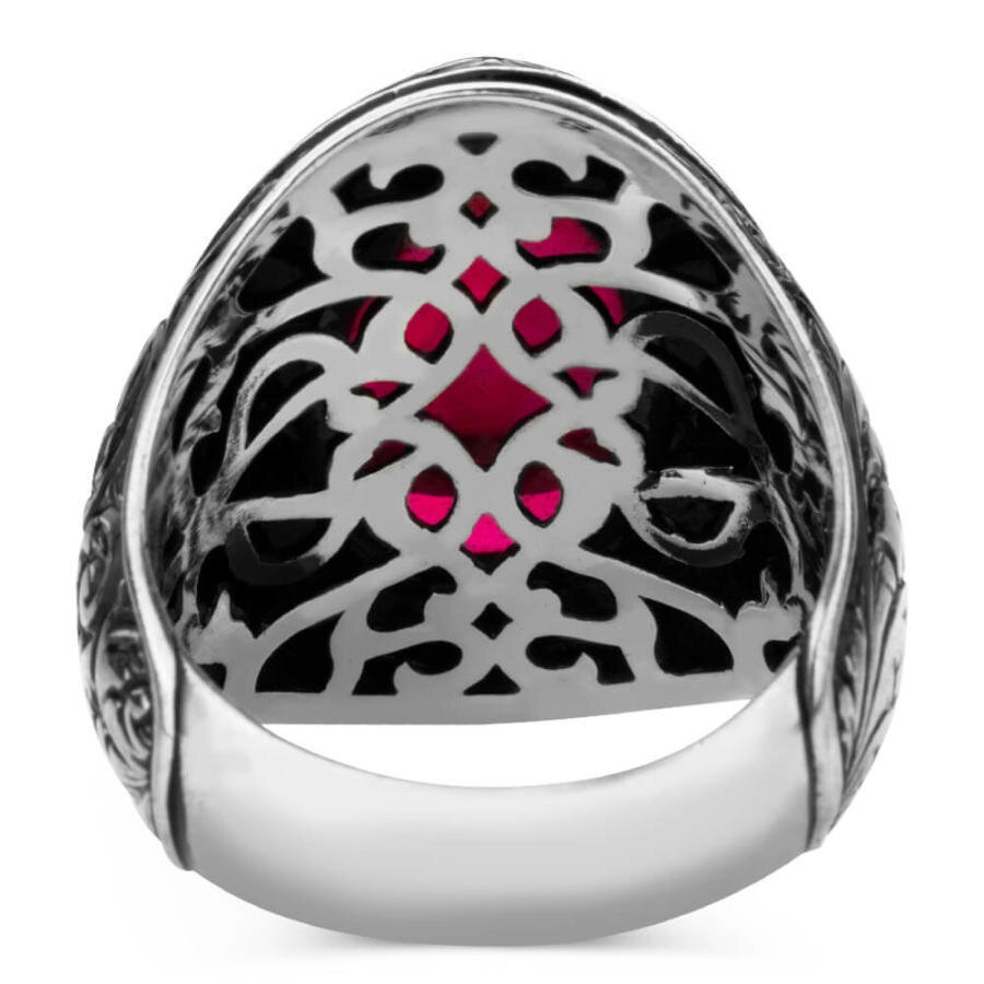 Usta İşi Kalem İşlemeli Oval Yakut (Ruby) Taşlı Gümüş Erkek Yüzük - 3